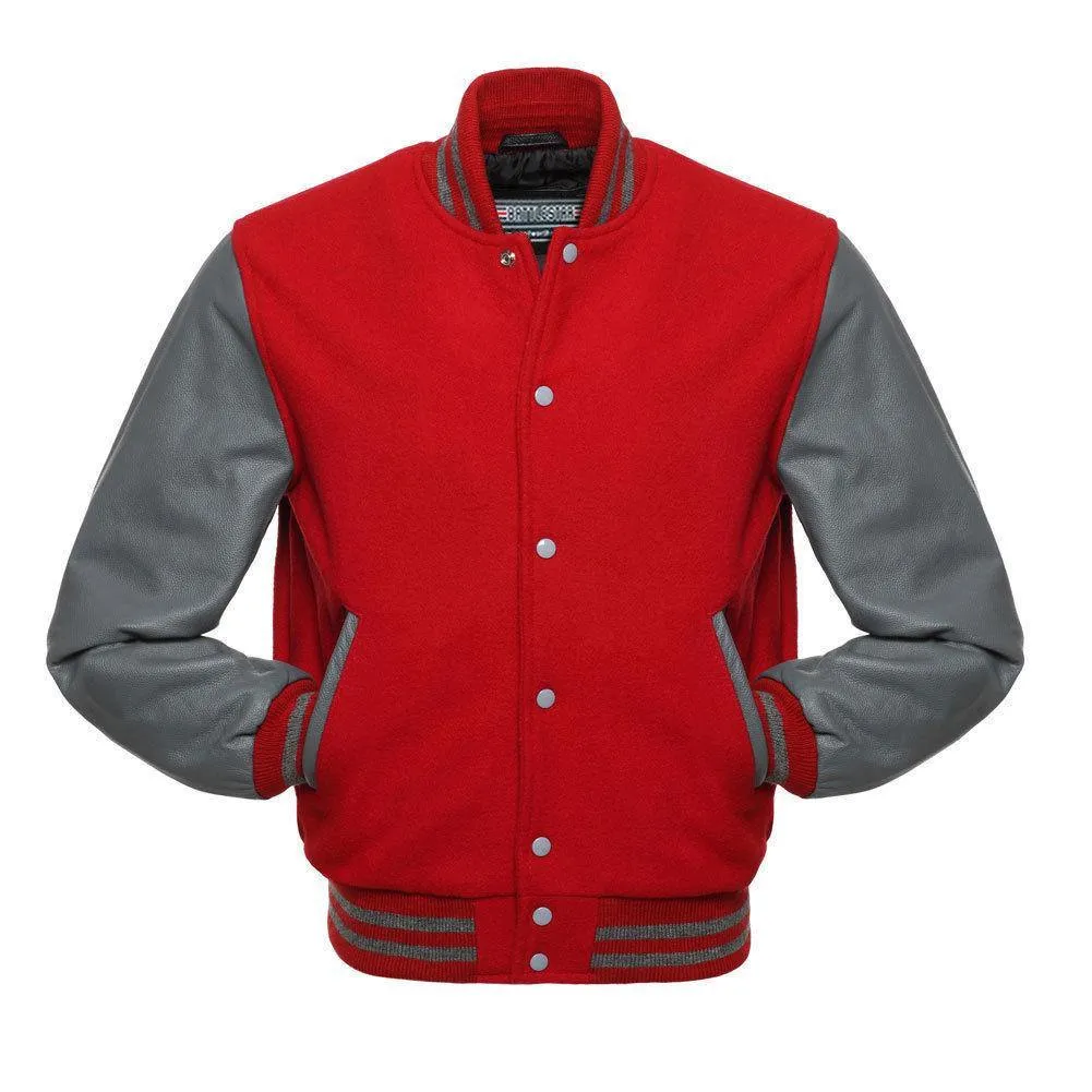 Warrior Gears Classic Hybrid Varsity Jacket University Letterman Bomber Jacket, Pure Wool & Original Cowhide Leather Jacket, Red Wool Body and Grey leather Sleeves