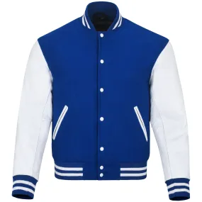 Warrior Gears Classic Hybrid Varsity Jacket University Letterman Bomber Jacket, Pure Wool & Original Cowhide Leather Jacket, Royal Pure Wool Body & White Real Leather Sleeves