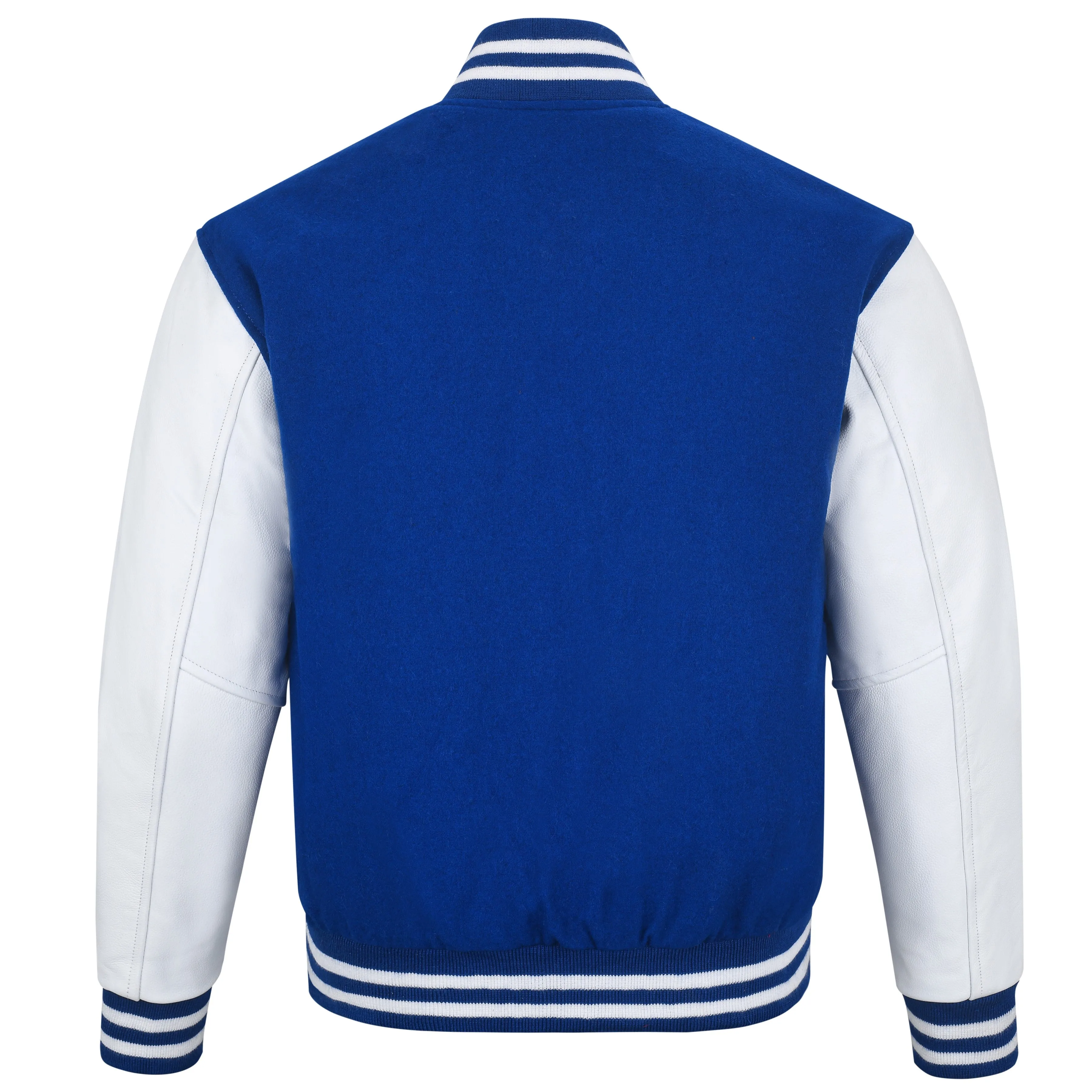 Warrior Gears Classic Hybrid Varsity Jacket University Letterman Bomber Jacket, Pure Wool & Original Cowhide Leather Jacket, Royal Pure Wool Body & White Real Leather Sleeves