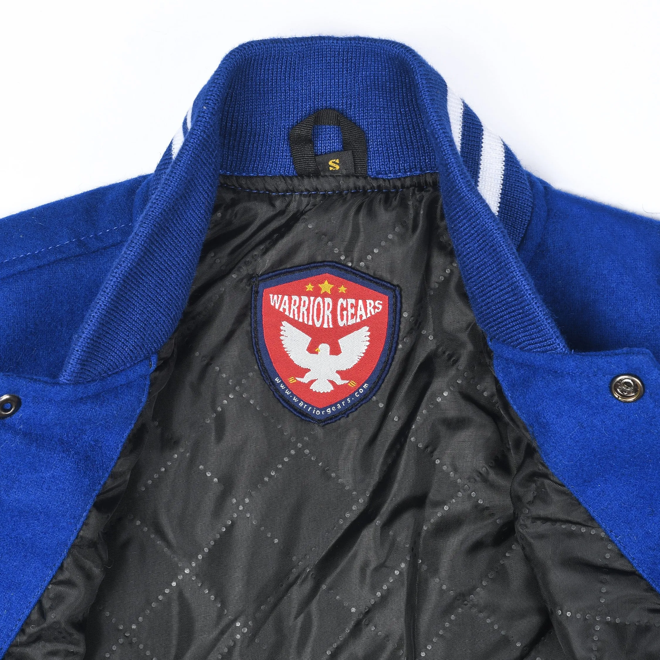 Warrior Gears Classic Hybrid Varsity Jacket University Letterman Bomber Jacket, Pure Wool & Original Cowhide Leather Jacket, Royal Pure Wool Body & White Real Leather Sleeves