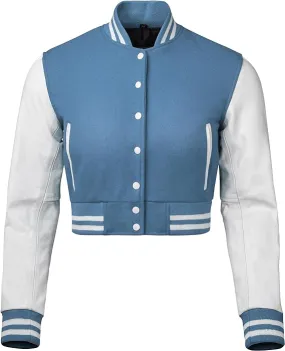 Warrior Gears Cropped Varsity Jacket Women - Premium Quality Leather and Wool Baseball Letterman Jacket for Women's, Long Sleeve - Royal Blue Wool Body and White Leather Sleeves