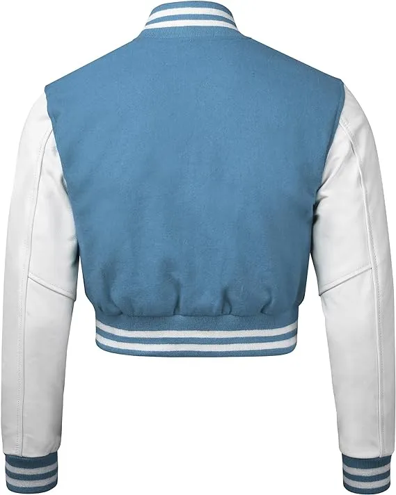 Warrior Gears Cropped Varsity Jacket Women - Premium Quality Leather and Wool Baseball Letterman Jacket for Women's, Long Sleeve - Royal Blue Wool Body and White Leather Sleeves