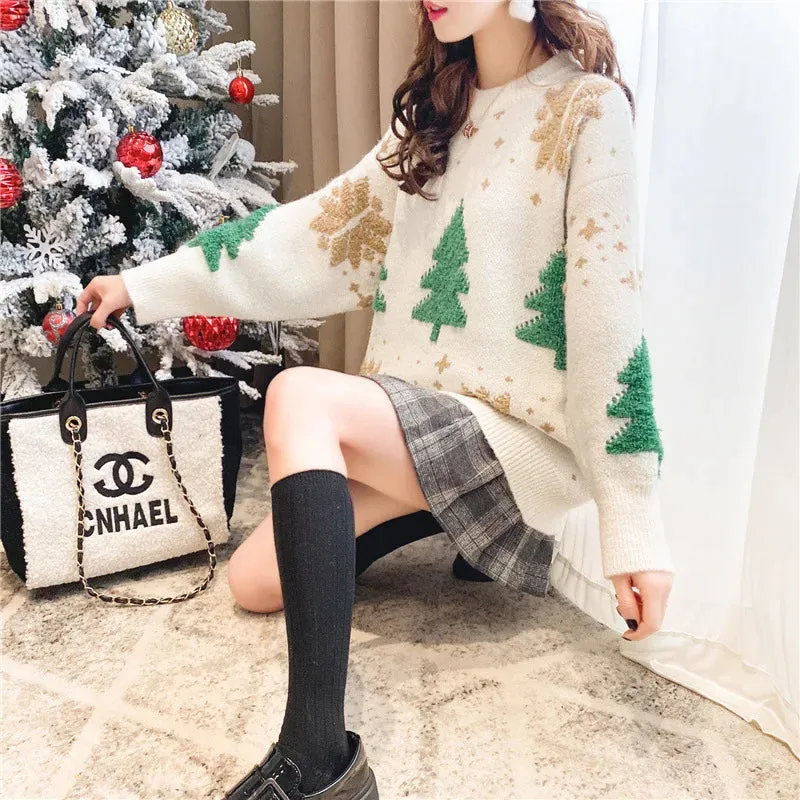 Wenkouban-Christmas Thanksgiving outfits_Korean Version Sweet Embroidery Versatile Long Sleeves Pullover Christmas Sweater