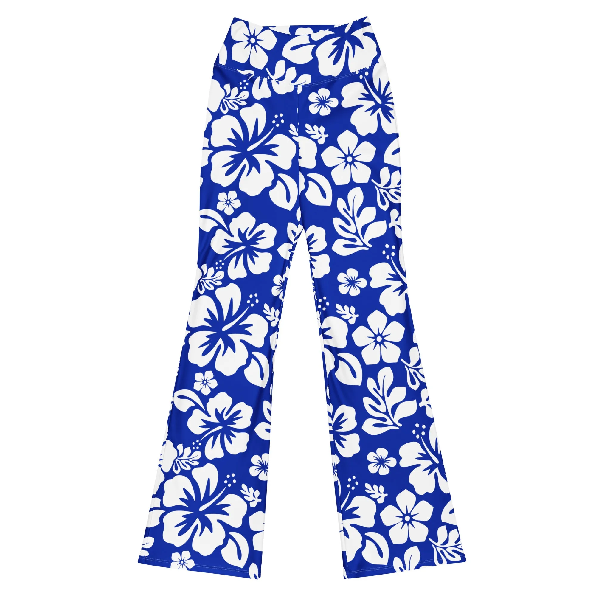 White and Royal Blue Hawaiian Flowers Flare Leggings