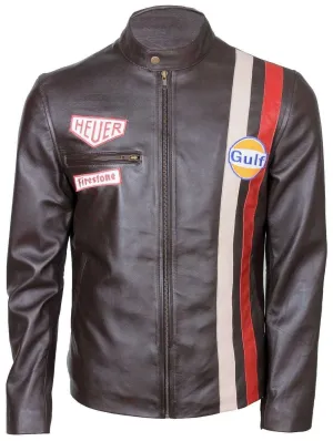 White Red Stripped Le Man Grand Prix Gulf Steve McQueen Leather Jacket