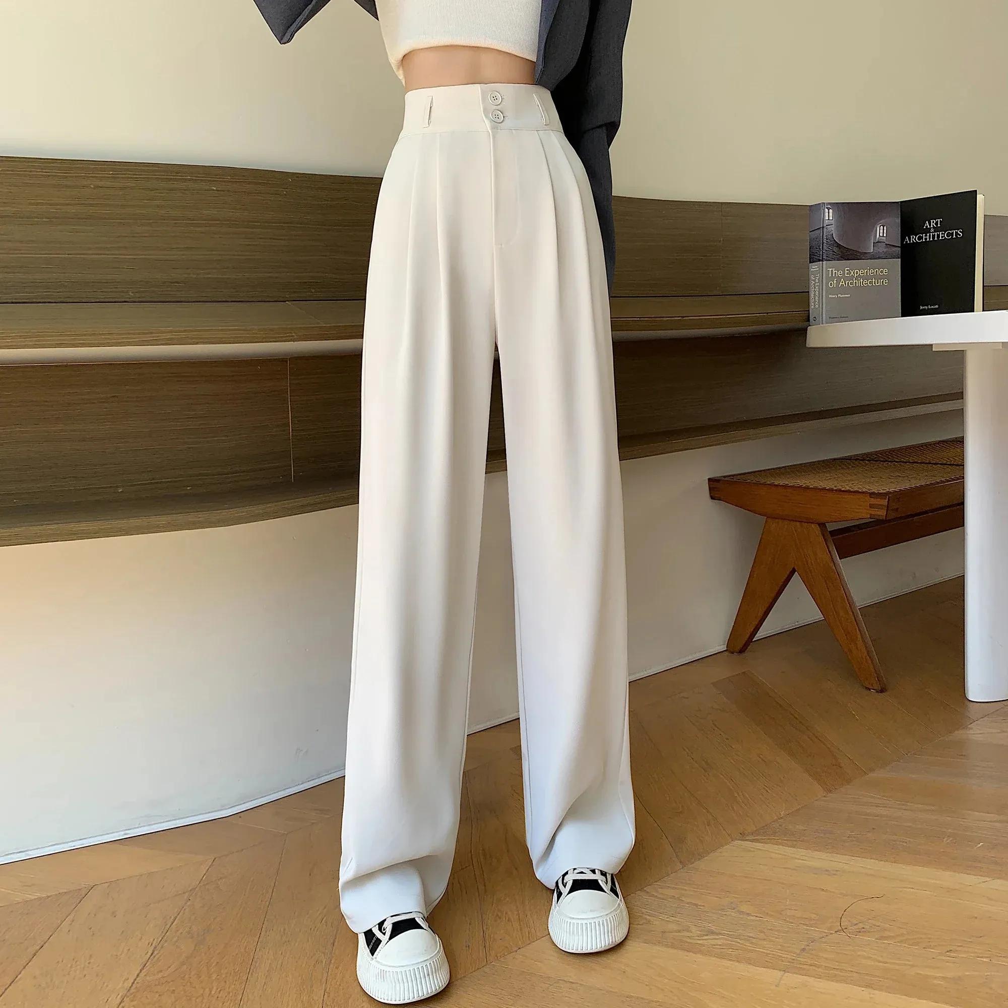 White Waisted Pants For Women 2024 New Fashion Button Up Wide Leg Office Ladies Pants