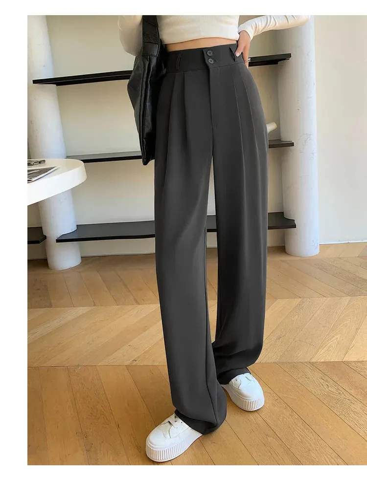 White Waisted Pants For Women 2024 New Fashion Button Up Wide Leg Office Ladies Pants