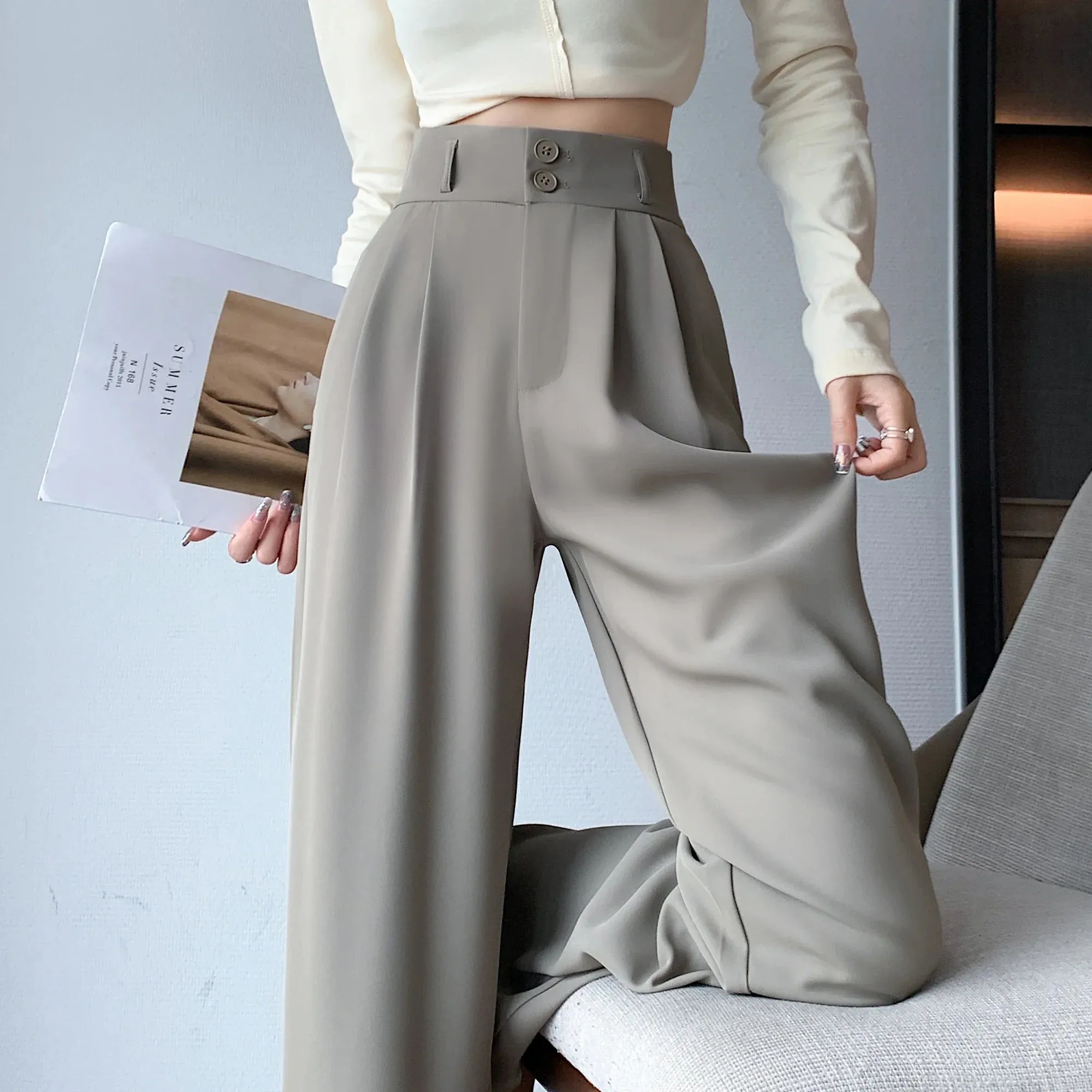 White Waisted Pants For Women 2024 New Fashion Button Up Wide Leg Office Ladies Pants