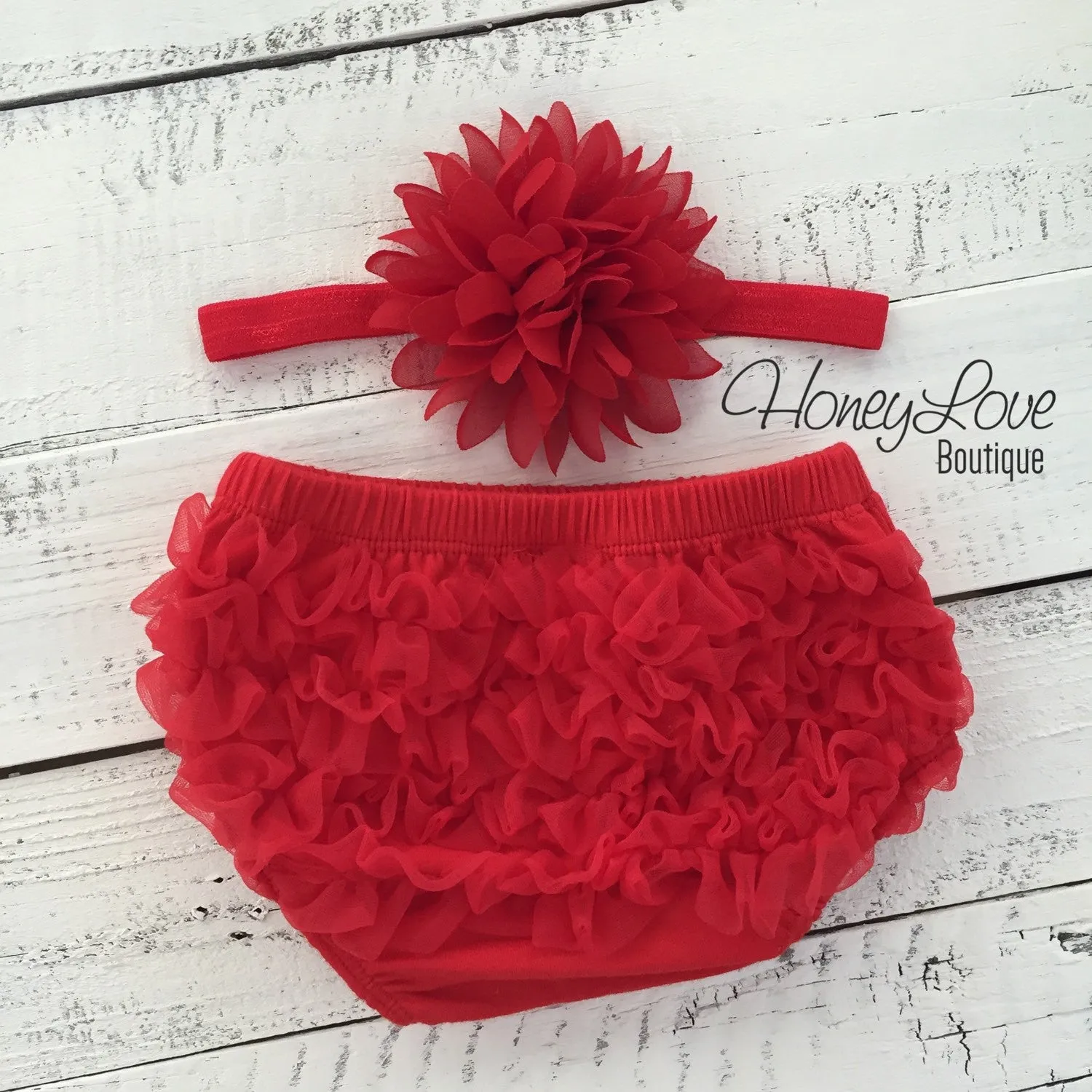 White/Red Heart leg warmers, red flower headband, and ruffle bottom bloomers