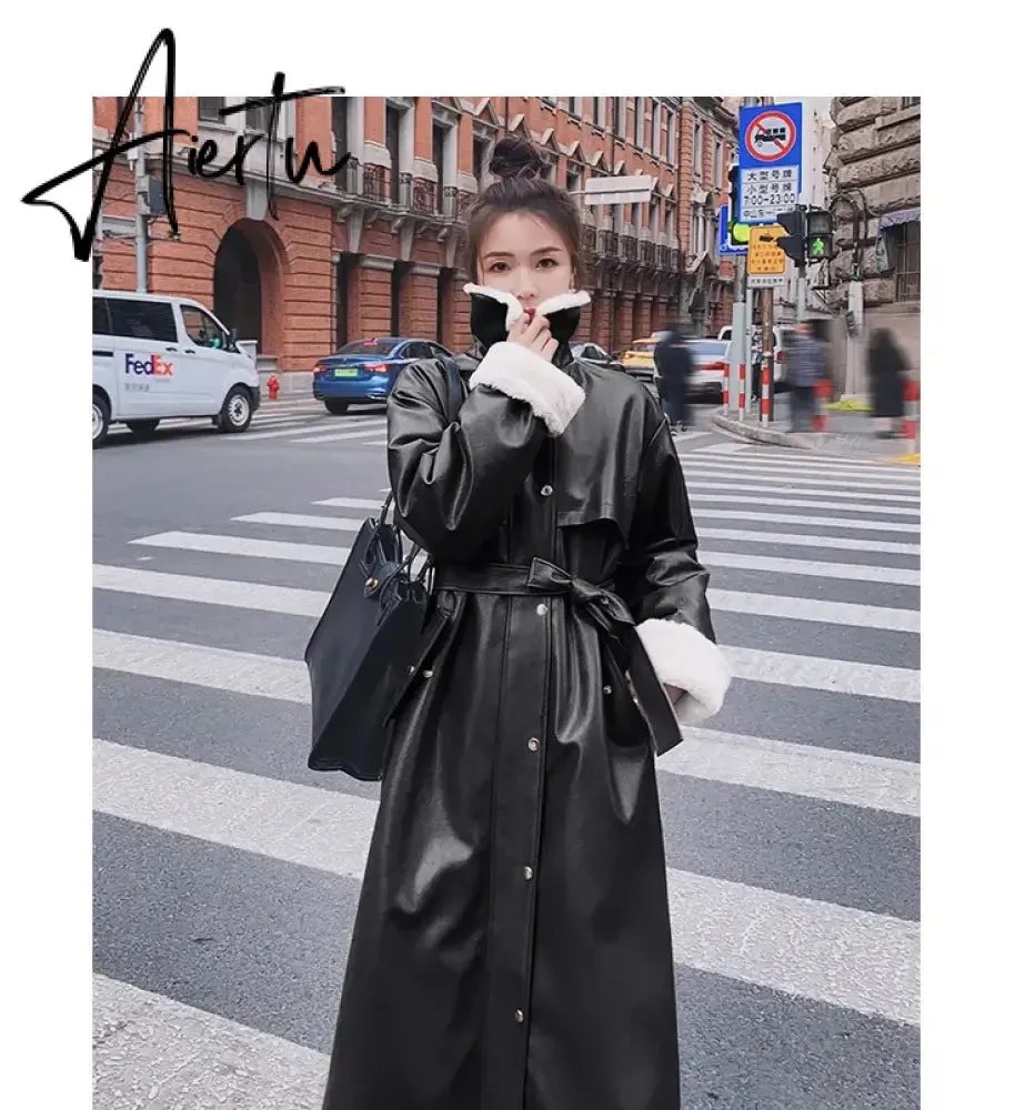 Winter Long Warm Thick Leather Trench Coat for Women with Faux Fur Inside Belt Loose Korean Fashion  Fur Lined Parka