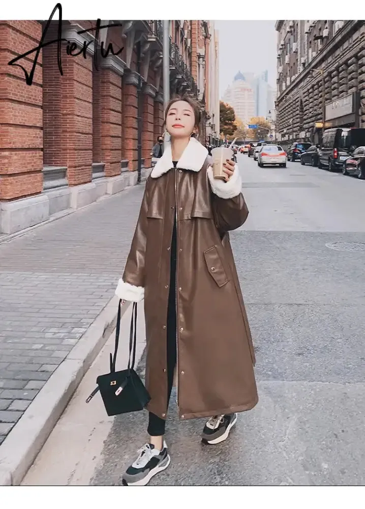 Winter Long Warm Thick Leather Trench Coat for Women with Faux Fur Inside Belt Loose Korean Fashion  Fur Lined Parka