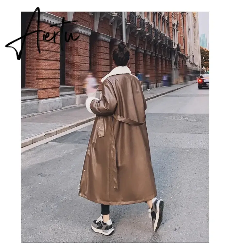 Winter Long Warm Thick Leather Trench Coat for Women with Faux Fur Inside Belt Loose Korean Fashion  Fur Lined Parka