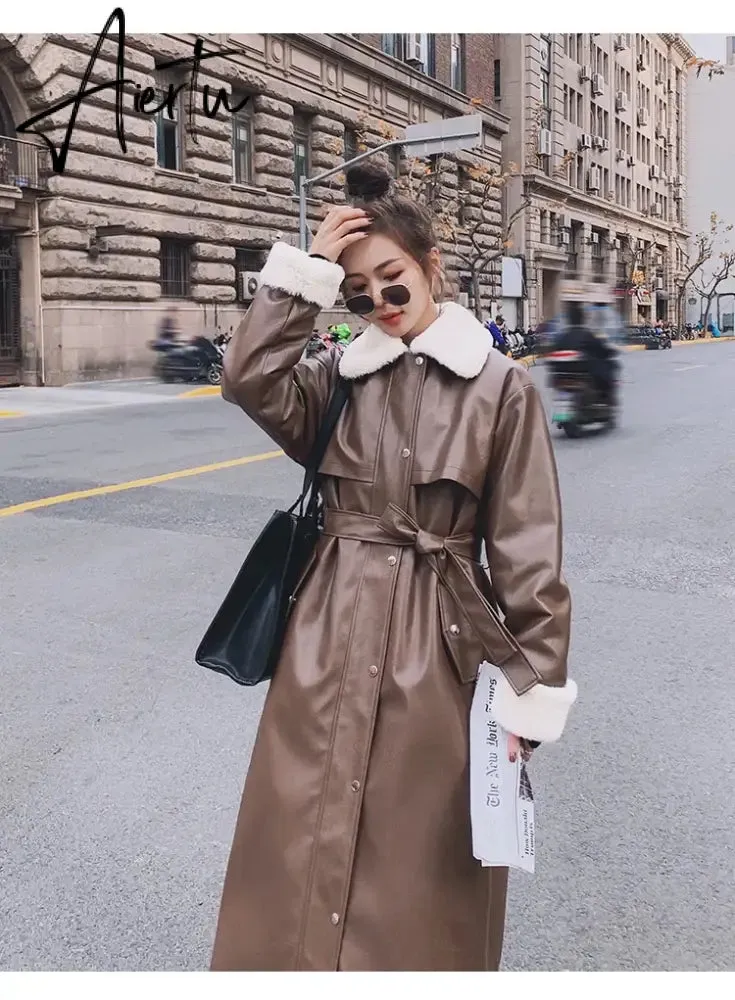 Winter Long Warm Thick Leather Trench Coat for Women with Faux Fur Inside Belt Loose Korean Fashion  Fur Lined Parka