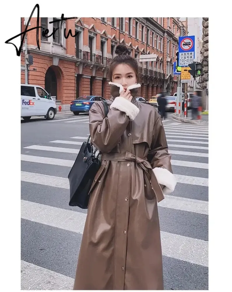 Winter Long Warm Thick Leather Trench Coat for Women with Faux Fur Inside Belt Loose Korean Fashion  Fur Lined Parka