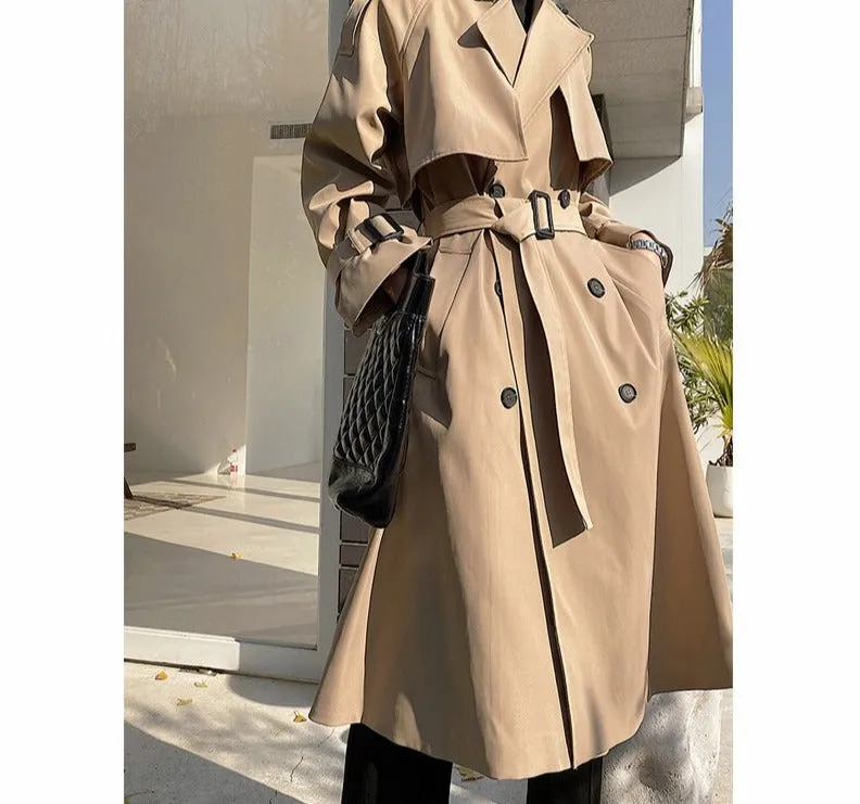 Wjczt Elegant Turn-down Collar Ladies Trench Coats Full Sleeve Double Breasted Belted Loose Female Windbreaker Winter