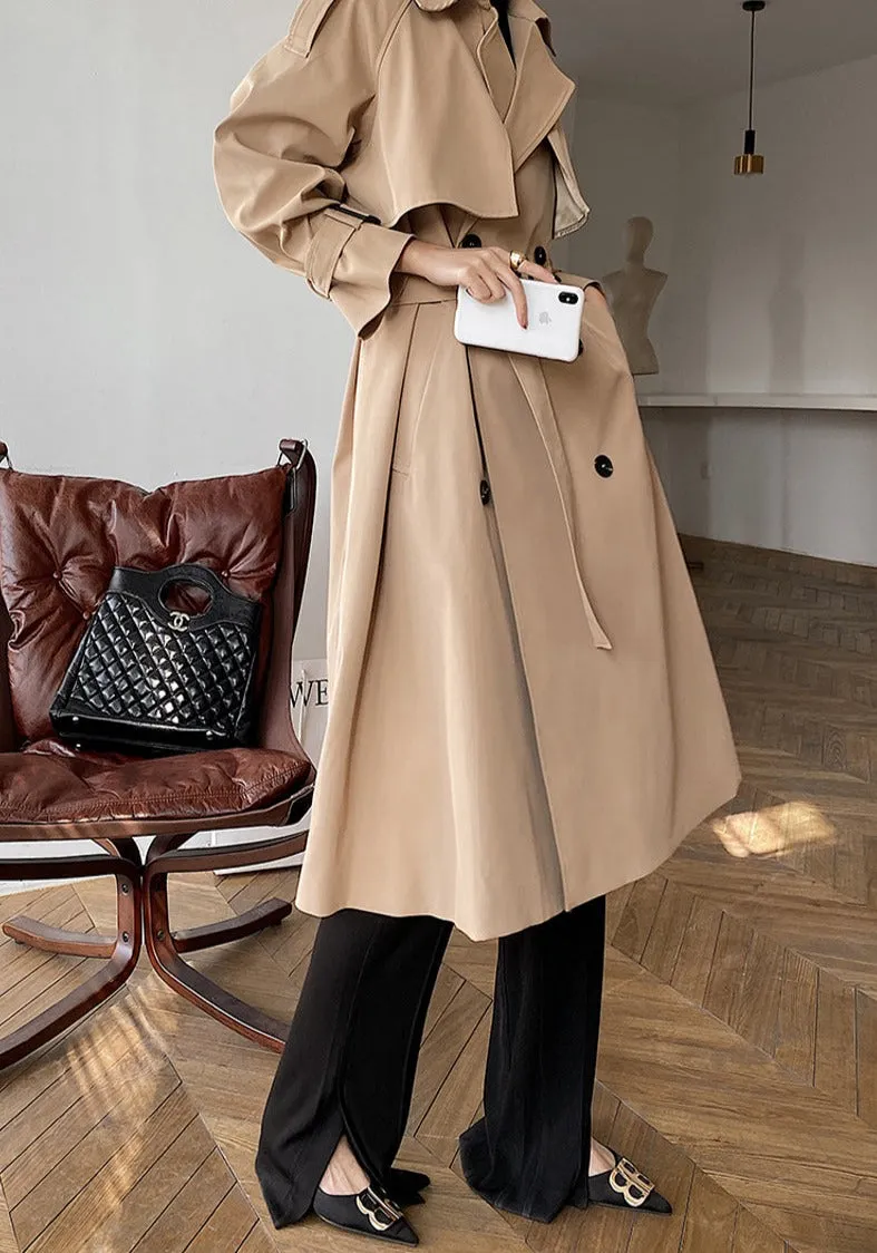 Wjczt Elegant Turn-down Collar Ladies Trench Coats Full Sleeve Double Breasted Belted Loose Female Windbreaker Winter