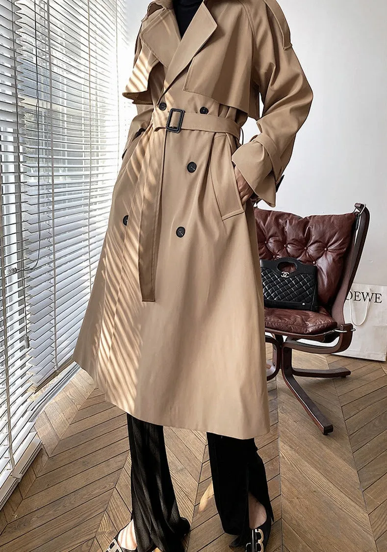 Wjczt Elegant Turn-down Collar Ladies Trench Coats Full Sleeve Double Breasted Belted Loose Female Windbreaker Winter