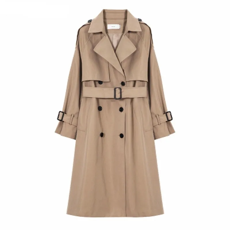 Wjczt Elegant Turn-down Collar Ladies Trench Coats Full Sleeve Double Breasted Belted Loose Female Windbreaker Winter