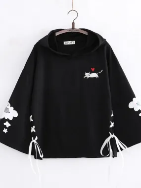 Women Black Cartoon Cat Embroidery Hooded Sweatshirt Lace Up Korean Hoodies Summer Harakuju Casual Cute