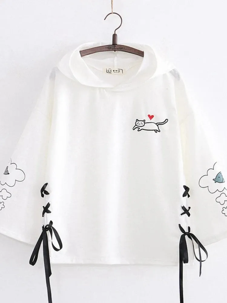 Women Black Cartoon Cat Embroidery Hooded Sweatshirt Lace Up Korean Hoodies Summer Harakuju Casual Cute