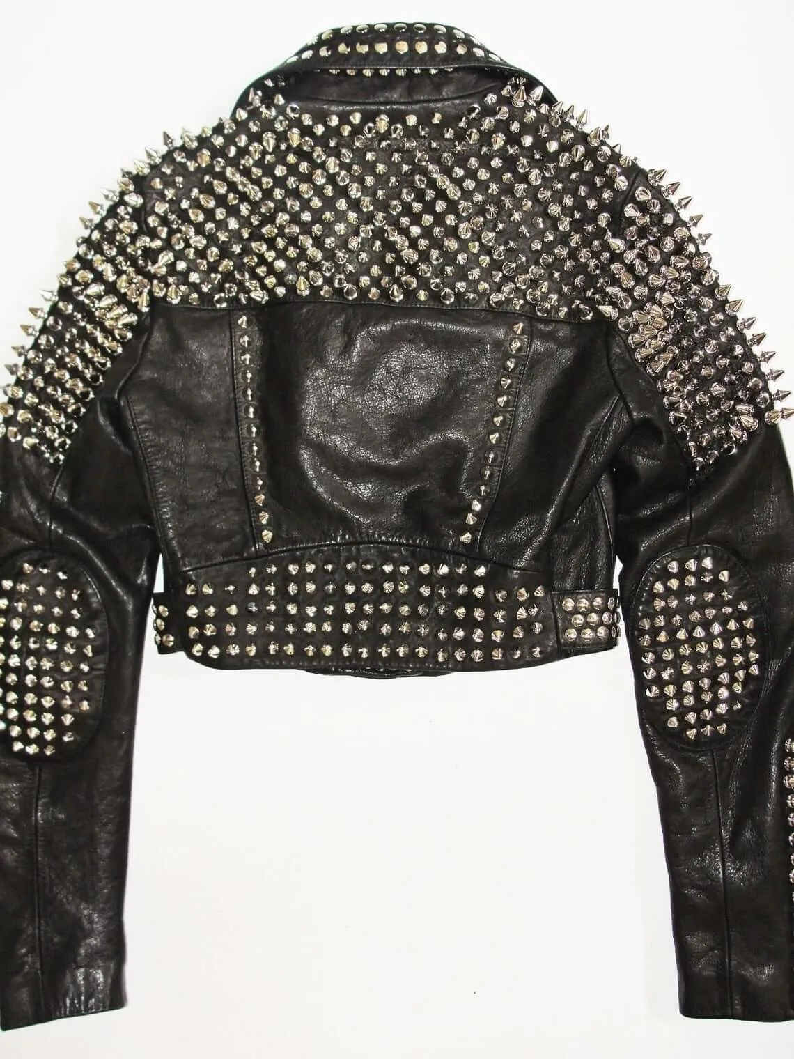 Women Black Leather Rock Women Steam Punk Style Studded Biker Jacket Silver Long Studs