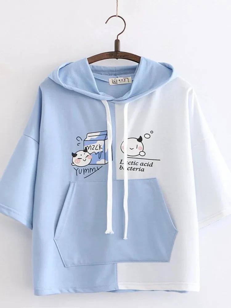 Women Cartoon Print Funny Hooded Sweatshirts Short Sleeve Patchwork Hit Color Hoodie Loose Pullovers Tracksuit With Pocket