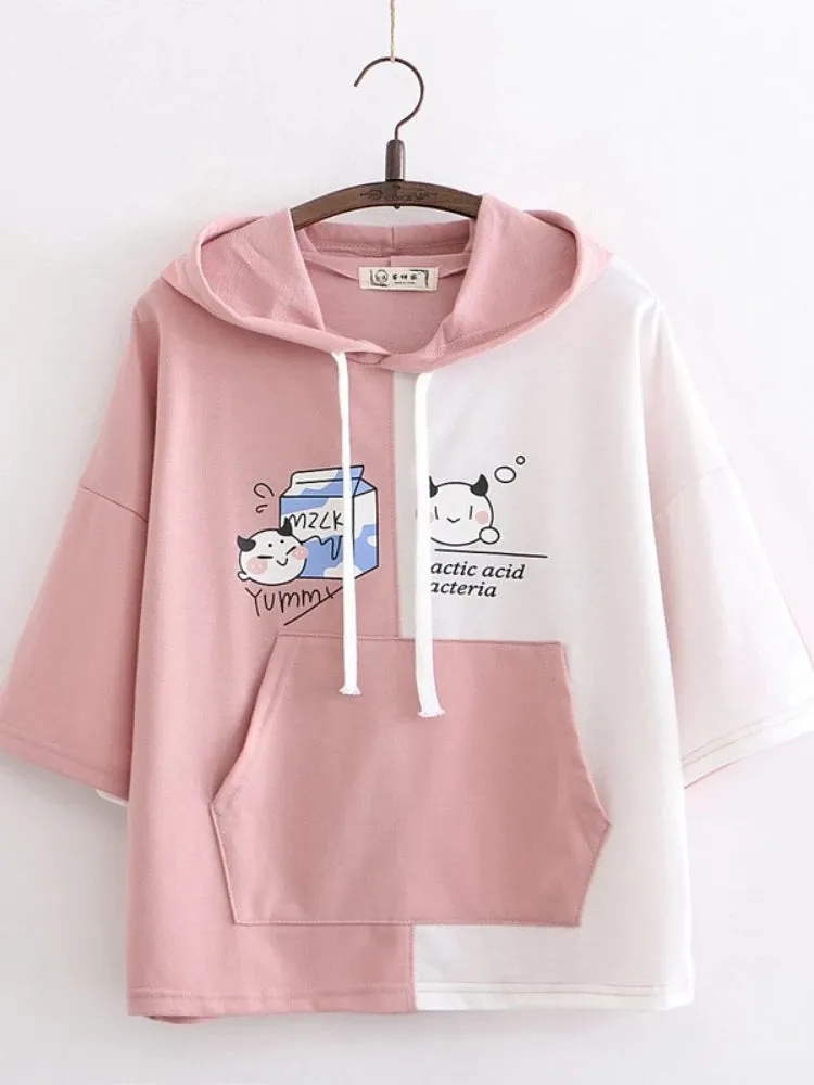 Women Cartoon Print Funny Hooded Sweatshirts Short Sleeve Patchwork Hit Color Hoodie Loose Pullovers Tracksuit With Pocket