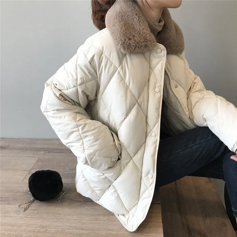 Women Parka Winter Faux Fur Neck Coat Long Sleeve