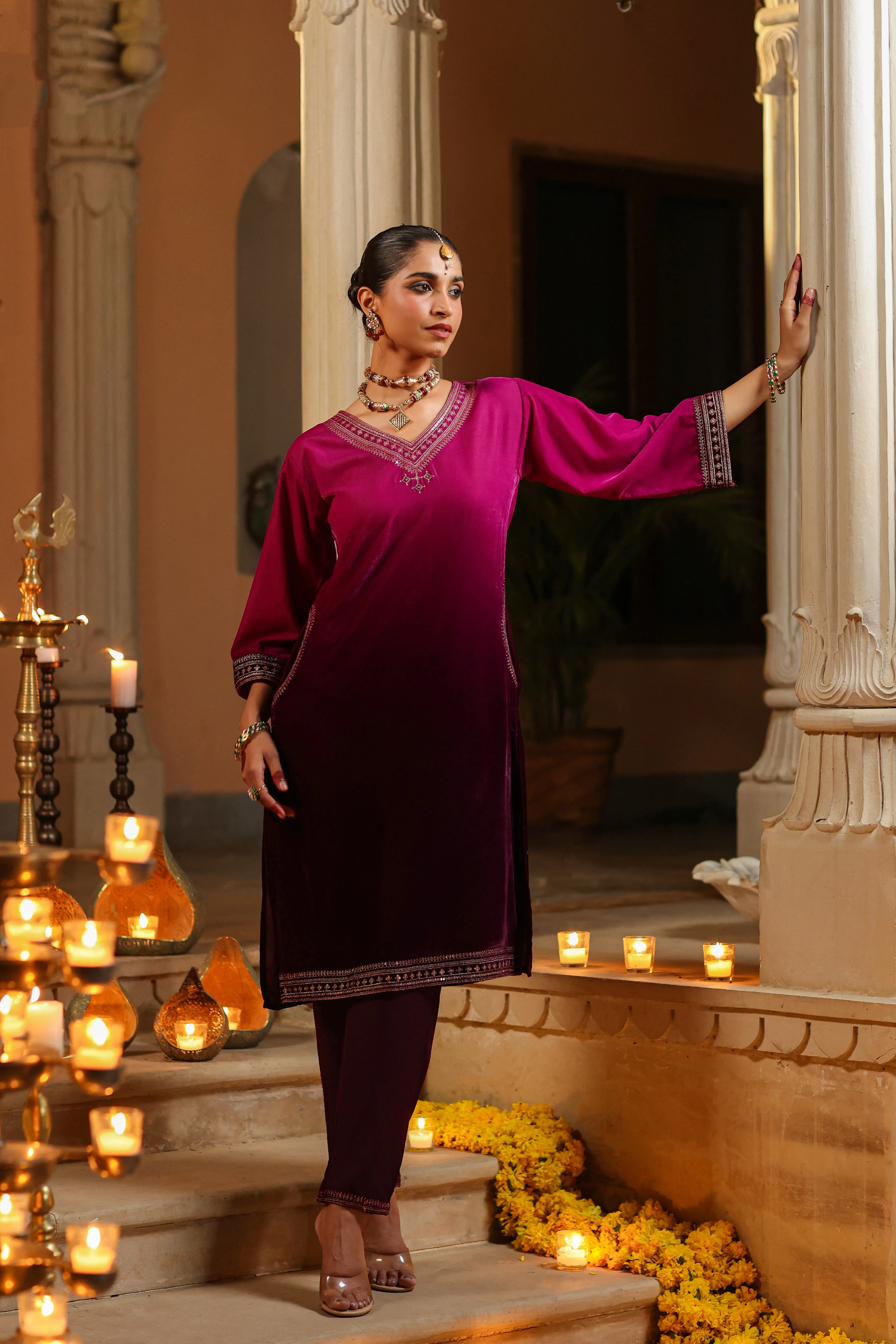 Women Purple Velvet Embroidered Kurta & Pants Set