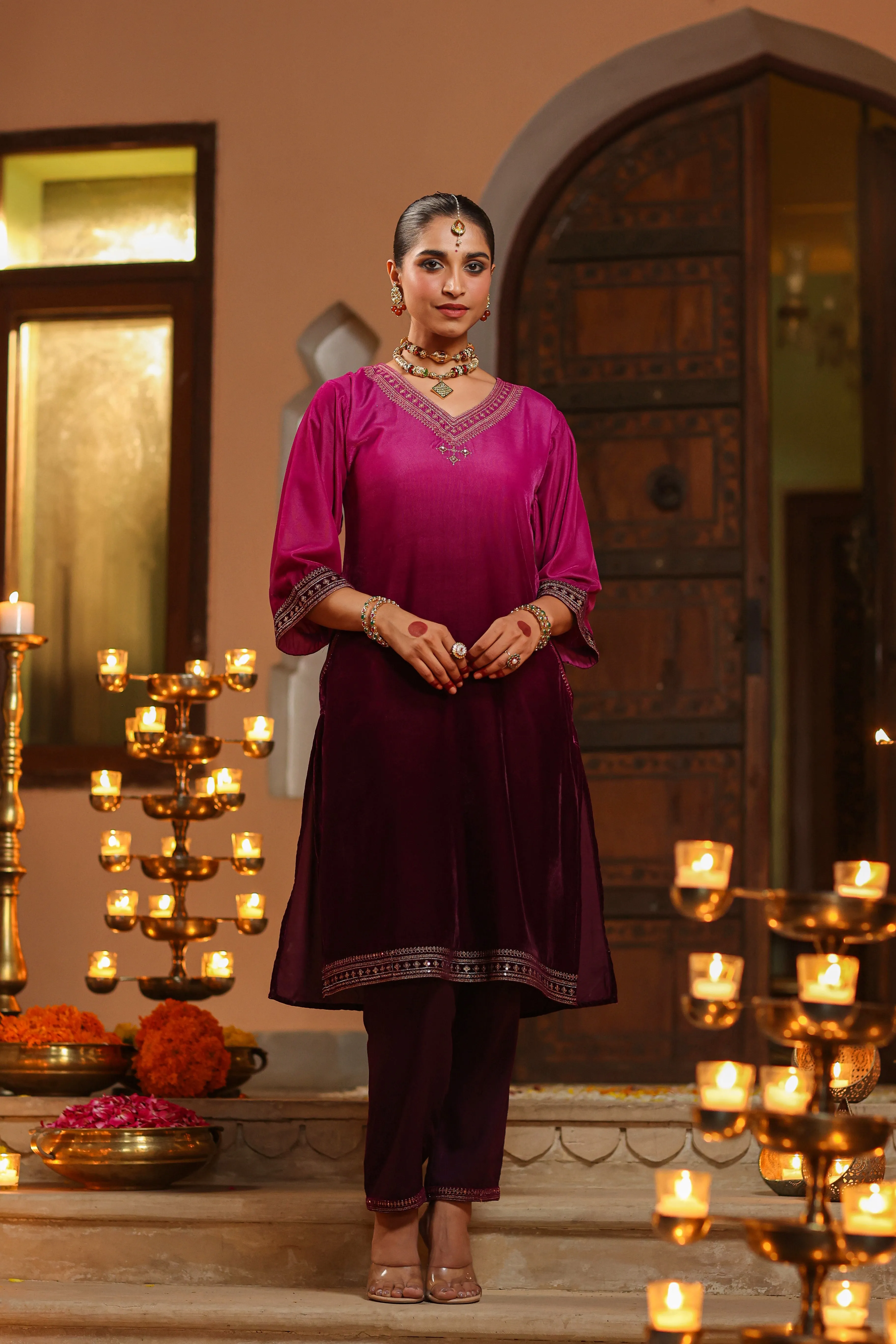 Women Purple Velvet Embroidered Kurta & Pants Set