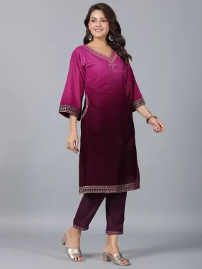 Women Purple Velvet Embroidered Kurta & Pants Set