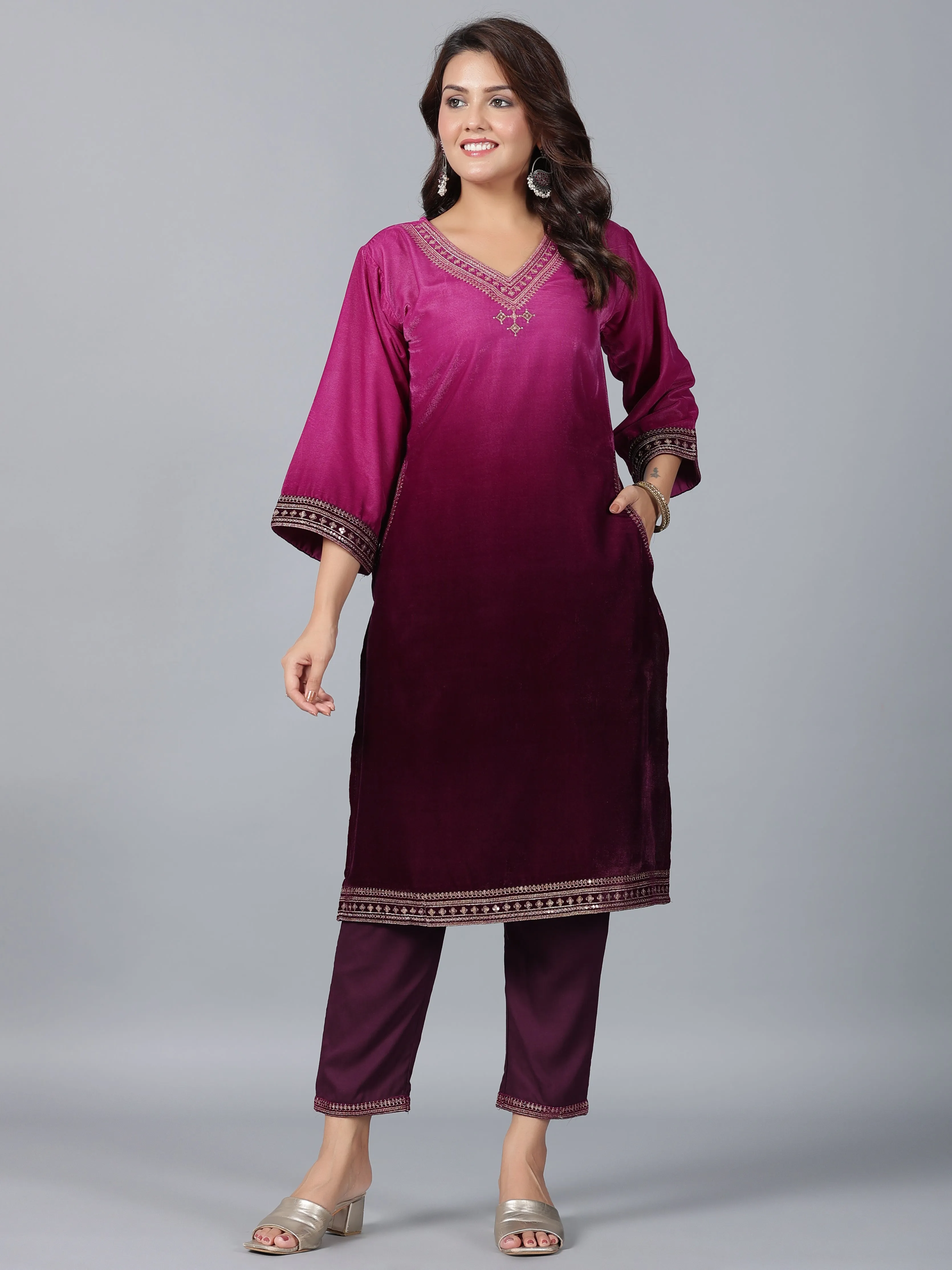 Women Purple Velvet Embroidered Kurta & Pants Set