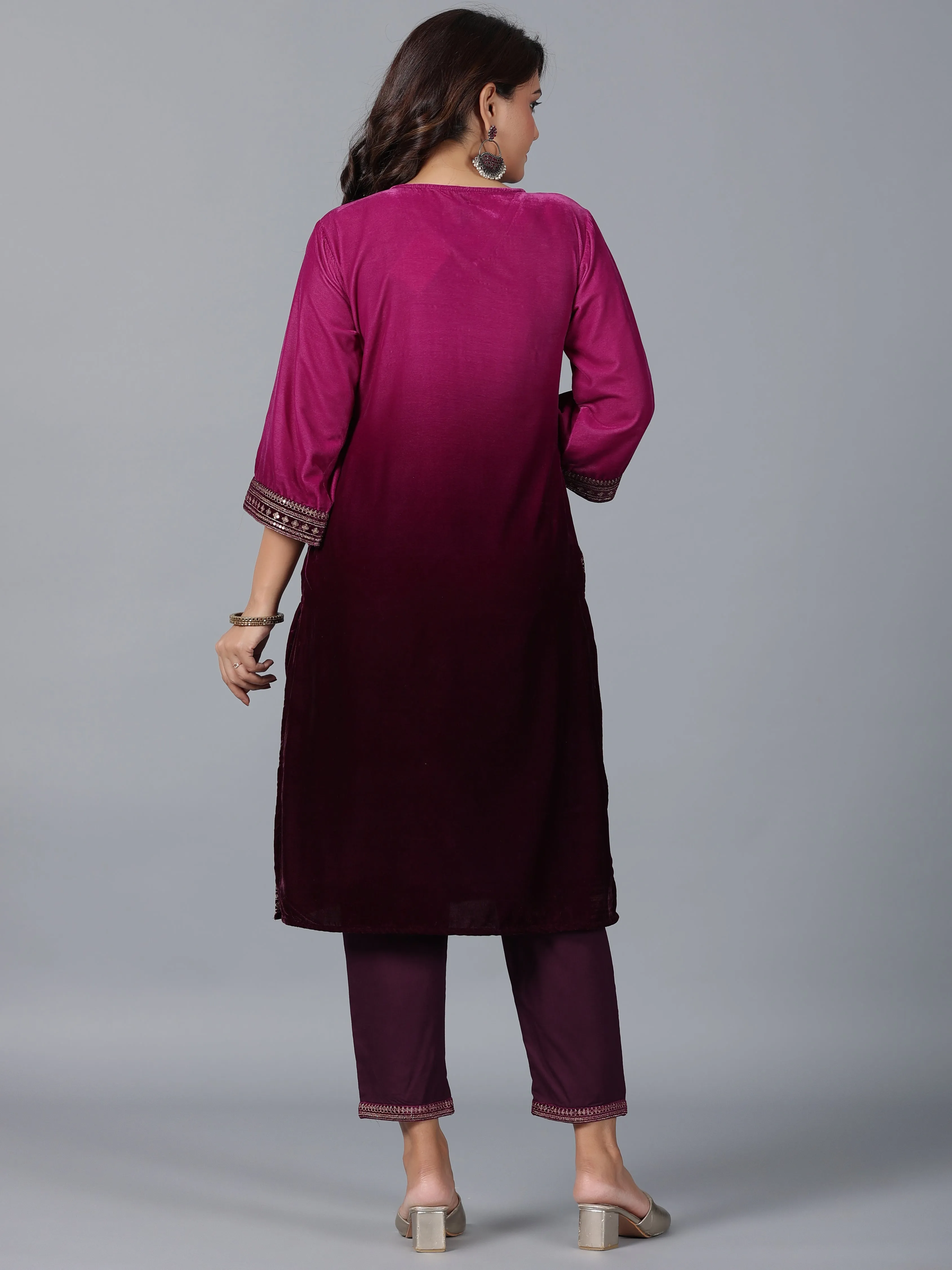 Women Purple Velvet Embroidered Kurta & Pants Set