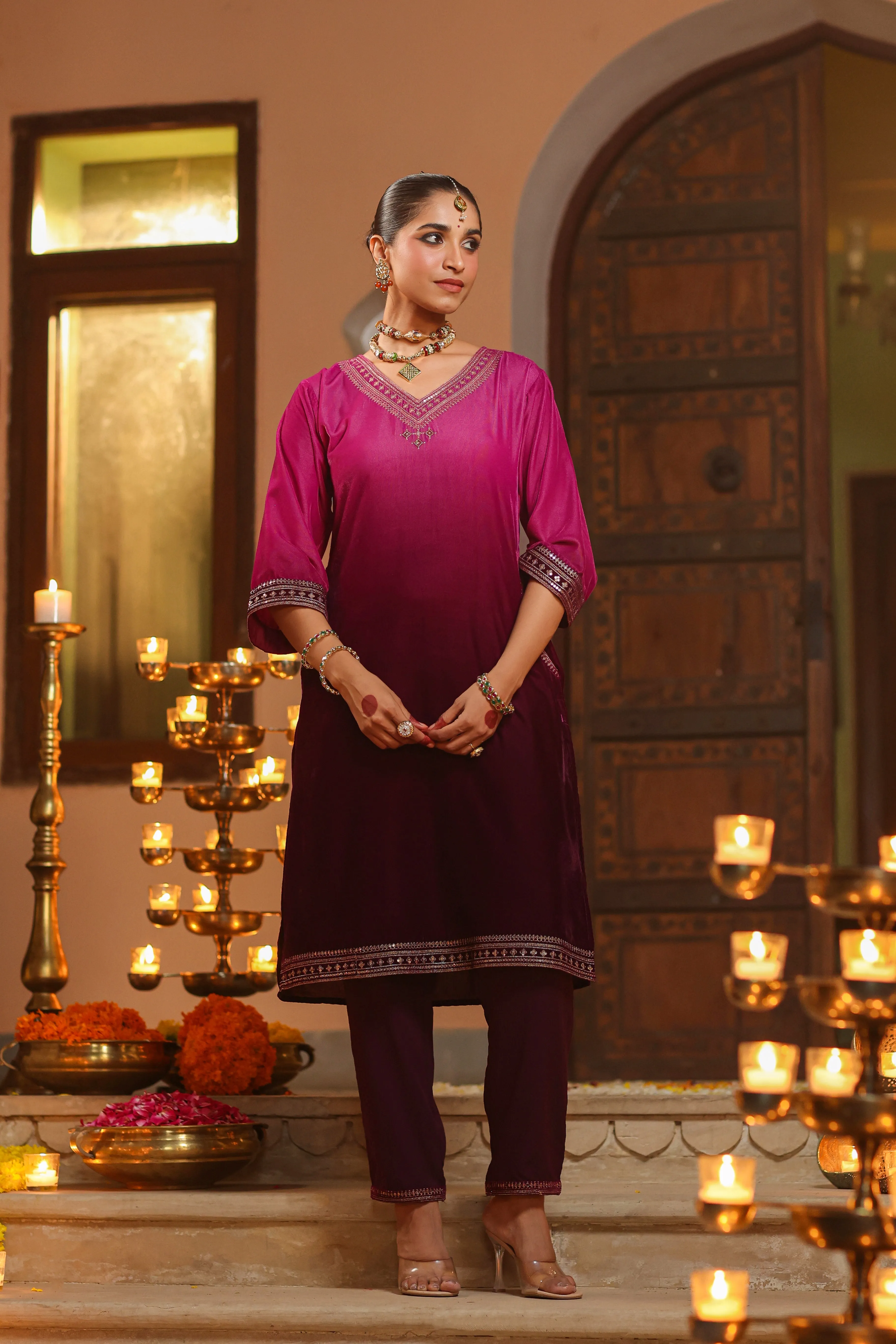 Women Purple Velvet Embroidered Kurta & Pants Set