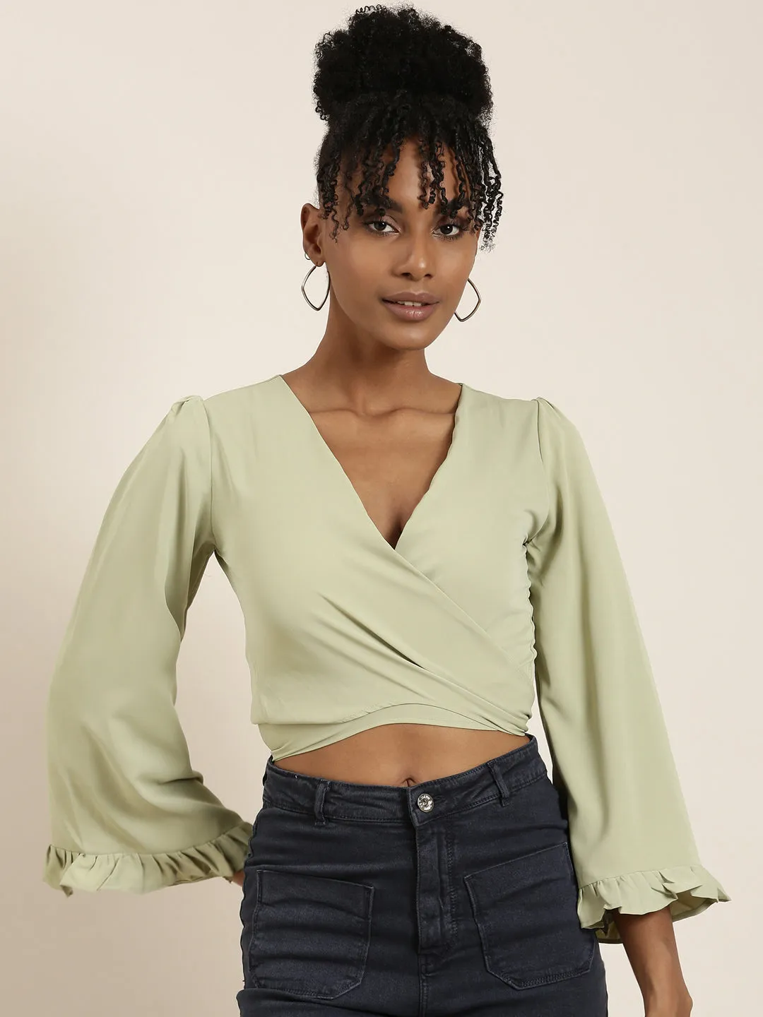 Women Sea Green Solid Wrap Crop Top