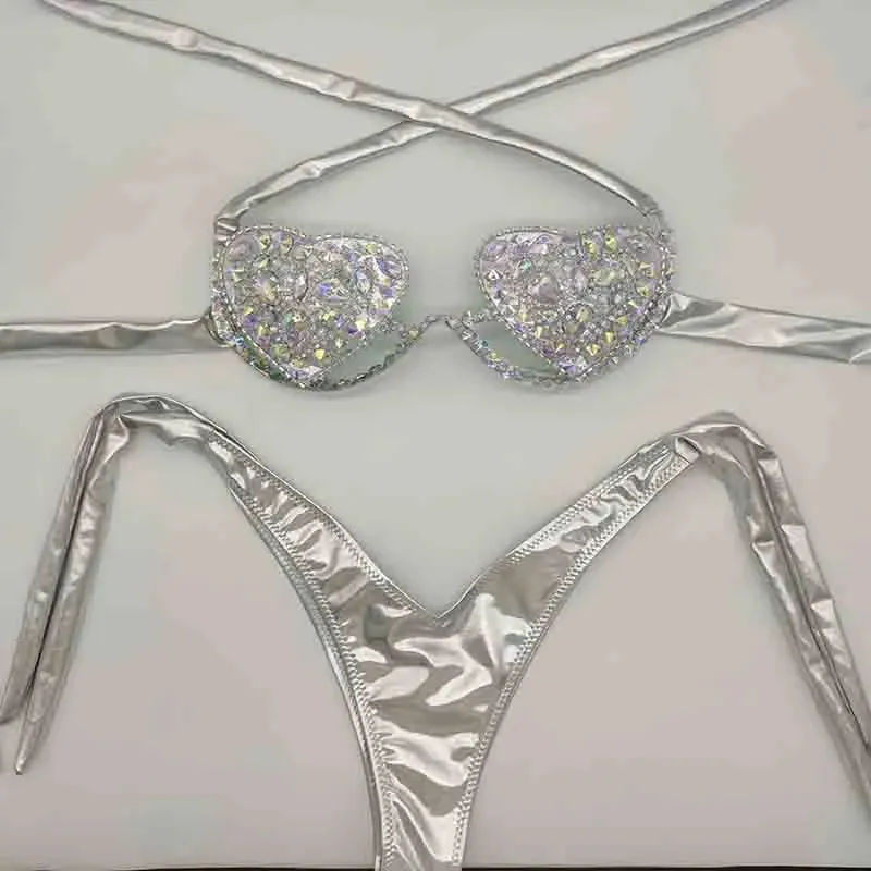 Women's Swimwear  Vacation Sexy Women Bikini Set Diamond Bling Stones Bathing Suit Rhinestone Beachwear Biquini