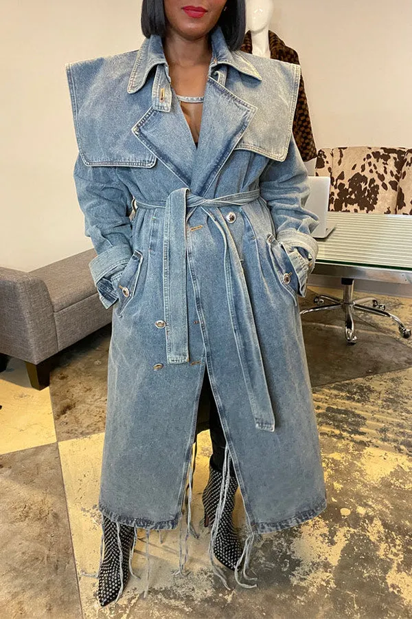 xiangtuibao Denim On-trend Denim Overcoat With Belt