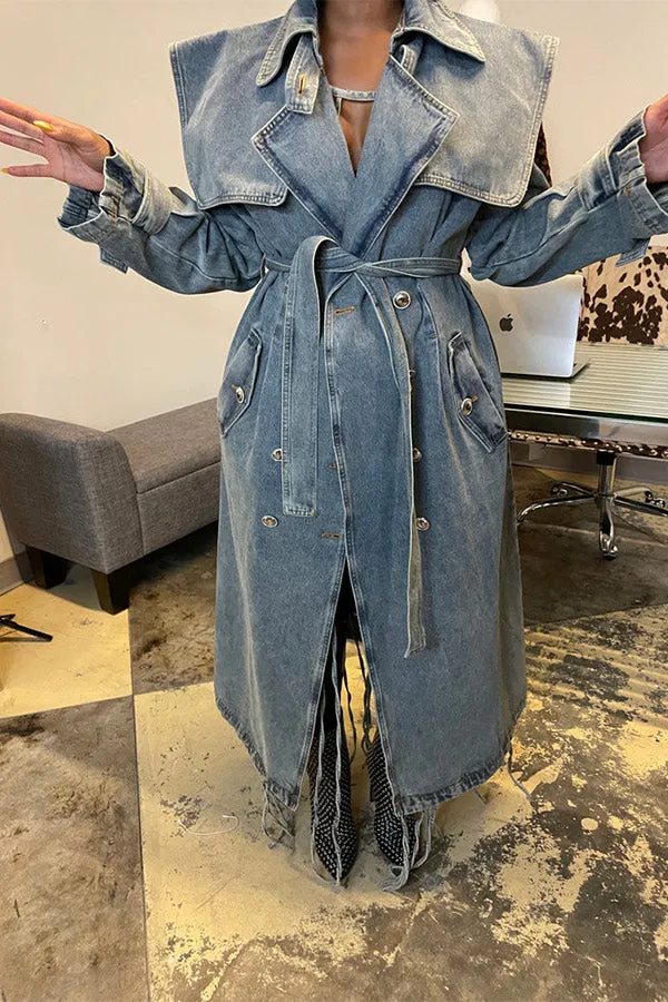 xiangtuibao Denim On-trend Denim Overcoat With Belt