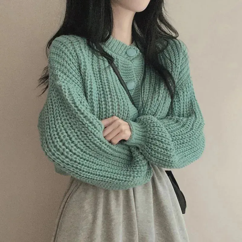 Zoki Korean Women Sweet Cardigan Sweaters Casual Fashion Loose Knitted Short Coat Fall O Neck Solid Simple Long Sleeve Lady Tops