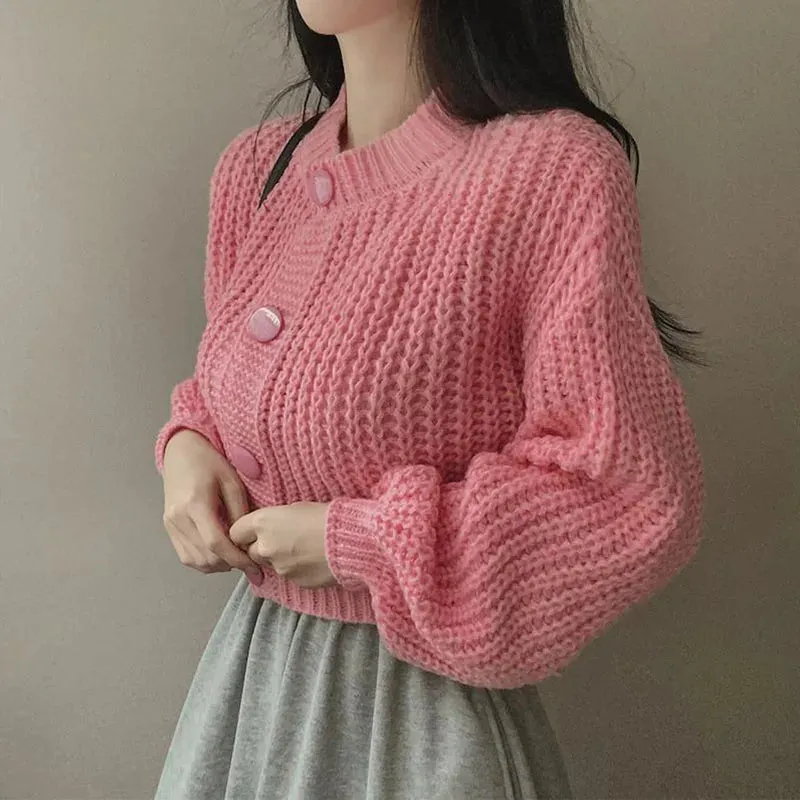 Zoki Korean Women Sweet Cardigan Sweaters Casual Fashion Loose Knitted Short Coat Fall O Neck Solid Simple Long Sleeve Lady Tops